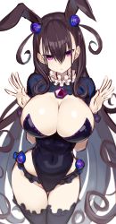 Rule 34 | 1girl, animal ears, black leotard, black thighhighs, breasts, brooch, brown hair, cleavage, closed mouth, commentary, covered navel, cowboy shot, expressionless, fake animal ears, fate/grand order, fate (series), frills, greatmosu, groin, hair between eyes, hair ornament, hands up, highres, huge breasts, jewelry, leotard, long hair, looking at viewer, murasaki shikibu (fate), playboy bunny, purple eyes, rabbit ears, shrug (clothing), simple background, solo, standing, striped, thighhighs, thighs, two side up, very long hair, white background, wrist cuffs