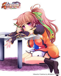 Rule 34 | 1girl, batai, black footwear, bloomers, book, breasts, brown hair, copyright name, detached sleeves, covered erect nipples, highres, kapimaru, koihime musou, large breasts, long hair, o3o, orange shirt, pencil, pink eyes, ponytail, pout, ribbon, shirt, simple background, sitting, socks, solo, studying, table, thick eyebrows, underwear, white background