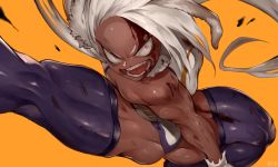 Rule 34 | 1girl, absurdres, animal ears, bare shoulders, blood, blood on face, boku no hero academia, commentary request, constricted pupils, dark-skinned female, dark skin, flying kick, forehead, highleg, highleg leotard, highres, ibuo (ibukht1015), injury, kicking, leotard, mirko, muscular, muscular female, open mouth, orange background, purple thighhighs, rabbit ears, rabbit girl, silver hair, solo, spoilers, thick thighs, thighhighs, thighs, white leotard
