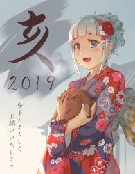 Rule 34 | 1girl, :d, absurdres, animal, back bow, blue eyes, blue hair, blunt bangs, blush, boar, bow, breath, chinese zodiac, commentary request, floral print, flower, foge, hair flower, hair ornament, highres, holding, holding animal, japanese clothes, kimono, long sleeves, looking away, open mouth, original, print kimono, purple kimono, red flower, short hair, sidelocks, smile, solo, tareme, teeth, translation request, upper body, upper teeth only, wide sleeves, year of the pig