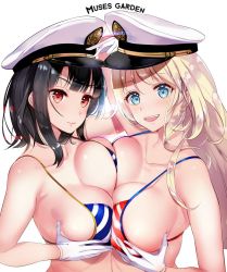 Rule 34 | 10s, 2girls, atago (kancolle), bad id, bad twitter id, bikini, black hair, blonde hair, blue bikini, blue eyes, breast press, breasts, closed mouth, collarbone, gloves, group name, hat, hayakawa akari, kantai collection, large breasts, lips, long hair, looking at viewer, military hat, multiple girls, open mouth, red bikini, red eyes, short hair, simple background, skindentation, striped bikini, striped clothes, swimsuit, symmetrical docking, takao (kancolle), upper body, white background, white gloves