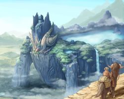 Rule 34 | 1boy, animal, bird, cliff, colossus, day, deer, epic, fantasy, highres, horns, lake, landscape, male focus, mountain, original, scenery, solo, tanigawa hiroshi, temple, tree, water, waterfall