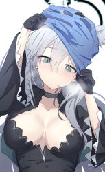 Rule 34 | 1girl, animal ear fluff, animal ears, black choker, black dress, black gloves, blue archive, blue eyes, blush, breasts, choker, closed mouth, collarbone, dark halo, dress, gloves, grey hair, hair between eyes, halo, highres, large breasts, long hair, long sleeves, looking at viewer, mismatched pupils, morishin546, shiroko (blue archive), shiroko terror (blue archive), simple background, solo, white background, wolf ears