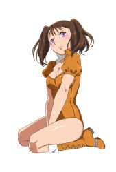 Rule 34 | 10s, 1girl, between legs, blush, boots, breasts, brown hair, cleavage, collarbone, cross-laced footwear, diane (nanatsu no taizai), frown, full body, guaizi, highres, lace-up boots, leotard, nanatsu no taizai, puffy sleeves, purple eyes, seiza, shiny skin, simple background, sitting, solo, twintails, white background
