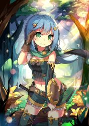 Rule 34 | 1girl, blue hair, blush, breasts, cleavage, cowboy shot, dappled sunlight, forest, green eyes, tucking hair, highres, knife, land of caromag, lino-lin, looking at viewer, midriff, nature, navel, original, outdoors, scarf, shorts, smile, solo, sunlight, thighhighs, zettai ryouiki