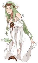 Rule 34 | 1girl, bare shoulders, barefoot, breasts, closed mouth, dress, female focus, fire emblem, fire emblem: three houses, flower, green eyes, green hair, hair flower, hair ornament, highres, long hair, long sleeves, matching hair/eyes, medium breasts, nintendo, off-shoulder dress, off shoulder, rhea (fire emblem), sakuremi, simple background, solo, tiara, white background, white dress
