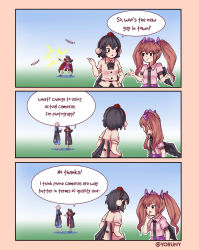 Rule 34 | 1boy, 3girls, 3koma, :d, :o, artist name, black bow, black cape, black eyes, black hair, black hat, black neckwear, black skirt, black wings, blue background, blue pants, bow, bowtie, breasts, brown hair, cape, cellphone, comic, commentary, english commentary, english text, eye contact, fedora, finger to mouth, from behind, full body, glasses, gradient background, green background, hair between eyes, hair bow, hand on own hip, hand up, hat, highres, himekaidou hatate, holding, holding phone, index finger raised, japanese clothes, kimono, kneehighs, long hair, long sleeves, looking at another, medium breasts, morichika rinnosuke, multiple girls, necktie, open mouth, pants, phone, pleated skirt, pointy ears, pom pom (clothes), puffy short sleeves, puffy sleeves, purple bow, purple skirt, purple vest, shadow, shameimaru aya, shirt, short hair, short sleeves, shrugging, silver hair, skirt, smartphone, smile, socks, speech bubble, standing, taking picture, tassel, tokin hat, touhou, twintails, twitter username, upper body, usami sumireko, vest, white legwear, white shirt, wide sleeves, wings, yoruny