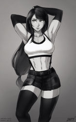 Rule 34 | 1girl, abs, armpits, arms behind head, arms up, breasts, cleavage, elbow gloves, final fantasy, final fantasy vii, final fantasy vii remake, gloves, greyscale, highres, iahfy, long hair, looking to the side, low-tied long hair, monochrome, navel, pleated skirt, skirt, solo, sports bra, square enix, stomach, suspender skirt, suspenders, thighhighs, tifa lockhart, toned