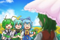 Rule 34 | 4girls, antennae, aqua hair, blue bow, blue dress, blue hair, blush, blush stickers, bow, butterfly wings, buttons, cirno, day, dress, eternity larva, fairy, fang, flower, green dress, green eyes, green hair, hair between eyes, hair bow, holding, ice, ice wings, ikusi, insect wings, kazami yuuka, long sleeves, multicolored clothes, multicolored dress, multiple girls, open mouth, orange eyes, parasol, puffy short sleeves, puffy sleeves, red vest, round teeth, shirt, short hair, short sleeves, single strap, sunflower, tanned cirno, teeth, touhou, umbrella, upper teeth only, vest, white shirt, wings, wriggle nightbug, yellow flower