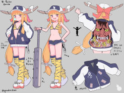 Rule 34 | 1girl, animal print, arm up, asymmetrical legwear, bikini, bikini under clothes, black jacket, black shorts, blush, bow, chain, character sheet, chewing gum, chinese text, club, club (weapon), collarbone, english text, fang, hair bow, hands in pockets, hat, horn ornament, horn ribbon, horns, ibuki suika, jacket, kanabou, long hair, multiple views, navel, oni horns, open clothes, open jacket, open mouth, oracle bone script, orange eyes, orange hair, pointy ears, puuakachan, red bow, ribbon, shoes, short shorts, shorts, skin fang, smile, sneakers, swimsuit, thighhighs, tiger print, touhou, traditional chinese text, twitter username, weapon, white footwear, white ribbon, yellow thighhighs