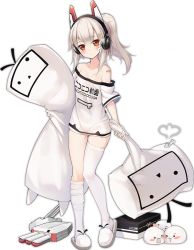 Rule 34 | 1girl, alternate costume, ayanami (azur lane), ayanami (niconico) (azur lane), azur lane, bandages, blush, breasts, cleavage, collarbone, full body, headphones, holding, kneehighs, looking at viewer, mechanical ears, niconico, no bra, no pants, official art, ootsuki momiji, pillow, ponytail, red eyes, shirt, single kneehigh, single sock, skindentation, small breasts, socks, solo, t-shirt, thighhighs, transparent background, white hair, white socks