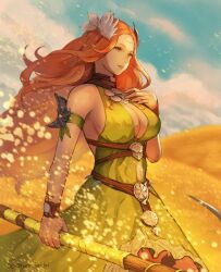 Rule 34 | 1girl, arm strap, breasts, brown hair, circlet, cleavage, cloud, cloudy sky, dress, final fantasy, final fantasy xiv, grass, green dress, green eyes, hair ornament, hand on own chest, hill, holding, holding scythe, holding weapon, large breasts, leaf hair ornament, long hair, looking afar, muraicchi (momocchi), nophica, parted bangs, parted lips, scythe, sky, sleeveless, sleeveless dress, solo, very long hair, weapon, wind, wristband