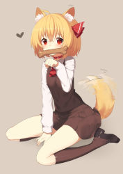 Rule 34 | 1girl, afterimage, ahoge, animal ears, ascot, between legs, black footwear, black skirt, black vest, blonde hair, blush, bone, brown background, dog ears, dog tail, ear wiggle, full body, hair ribbon, hand between legs, heart, highres, kemonomimi mode, loafers, long sleeves, looking at viewer, motion lines, mouth hold, paw pose, red ascot, red eyes, red ribbon, ribbon, rumia, sh (shinh), shoes, short hair, simple background, sitting, skirt, solo, tail, tail wagging, tareme, touhou, vest, wariza