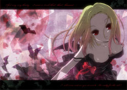 Rule 34 | 1girl, backlighting, bat (animal), blonde hair, blood, blood splatter, bow, breasts, dress, english text, fang, female focus, flower, gradient background, head tilt, long hair, miyai haruki, moon, off shoulder, original, pointy ears, red eyes, red moon, signature, smile, solo, spider lily, wings