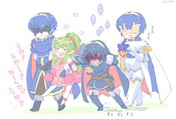 Rule 34 | 2boys, 2girls, belt, black gloves, blue cape, blue hair, blush, cape, closed mouth, dual persona, fingerless gloves, fire emblem, fire emblem: mystery of the emblem, fire emblem awakening, fire emblem heroes, flower, gloves, green hair, hair ribbon, heart, locked arms, long hair, long sleeves, lucina (fire emblem), marth (fire emblem), mask, multiple boys, multiple girls, nintendo, open mouth, pink one-piece swimsuit, pointy ears, ponytail, qumaoto, red ribbon, ribbon, short hair, simple background, standing, swimsuit, tiara, tiki (fire emblem), tiki (young) (fire emblem), twitter username, white background, white gloves