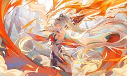 Rule 34 | 1girl, armor, bare shoulders, blue eyes, breasts, closed mouth, commentary, crown, detached sleeves, english commentary, fire, high ponytail, highres, holding, holding sword, holding weapon, honkai (series), honkai impact 3rd, kiana kaslana, kiana kaslana (herrscher of flamescion), kirabunni, large breasts, long hair, looking at viewer, ponytail, sideboob, solo, standing, sword, thighhighs, very long hair, weapon, white armor, white hair, white thighhighs