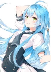 Rule 34 | 1girl, ahoge, arm up, black corset, blue hair, blue neckerchief, blue sailor collar, breasts, corset, double-parted bangs, fang, green eyes, hair between eyes, hair intakes, haruhitooo, hashtag-only commentary, highres, long hair, looking at viewer, medium breasts, neckerchief, original, pleated skirt, ring hair ornament, sailor collar, shirt, short sleeves, sidelocks, simple background, skin fang, skirt, smile, solo, standing, upper body, very long hair, white background, white shirt, white skirt
