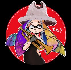 Rule 34 | 1girl, aqua hair, blonde hair, blue hair, character name, dated, domino mask, gloves, gradient hair, green hair, grey eyes, grey gloves, grey hat, hat, highres, holding trumpet, inkling, instrument, long hair, maddiemothie, mask, multicolored hair, nintendo, open mouth, outline, purple hair, solo, splatoon (series), splatoon 3, squid girl, tentacle hair, tentacles, trumpet, white outline, yoko (splatoon)