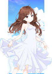 Rule 34 | 1girl, arm ribbon, bad id, bad pixiv id, bare shoulders, blue sky, blush, breasts, brown eyes, brown hair, choker, closed mouth, cloud, collarbone, commentary request, coraman, day, dress, earrings, highres, horizon, jewelry, long hair, ocean, original, pleated dress, ribbon, skirt hold, sky, sleeveless, sleeveless dress, small breasts, smile, solo, standing, sundress, water, white choker, white dress, white ribbon