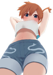 Rule 34 | 1girl, :o, absurdres, arms behind head, arms up, blue eyes, blush, breasts, creatures (company), crop top, denim, denim shorts, from below, game freak, highres, midriff, misty (pokemon), navel, nintendo, orange hair, pokemon, pokemon lgpe, prophecy (rakuichimonji), shorts, side ponytail, simple background, sleeveless, solo, standing, stomach, tank top, white background