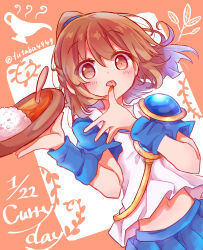 Rule 34 | 1girl, absurdres, arle nadja, blue skirt, blush, brown eyes, brown hair, curry, curry rice, food, futaba969649, highres, holding, holding food, licking, licking finger, looking at viewer, plant, ponytail, puyopuyo, rice, shirt, skirt, solo, tongue, tongue out, white shirt