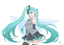 Rule 34 | 1girl, aomoro, aqua eyes, aqua hair, aqua necktie, arms behind back, artist name, bare shoulders, black skirt, black thighhighs, blush, breasts, collared shirt, commentary, cowboy shot, eyelashes, grey shirt, hair between eyes, hair ornament, hatsune miku, headset, highres, long hair, looking to the side, miniskirt, necktie, open mouth, parted bangs, pleated skirt, shirt, sidelocks, skirt, small breasts, solo, symbol-only commentary, teeth, thighhighs, thighs, upper teeth only, very long hair, vocaloid