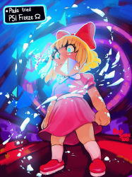 Rule 34 | 1girl, 2018, artist name, blonde hair, blue eyes, bow, clenched hands, cryokinesis, dress, full body, gameplay mechanics, glowing, glowing eyes, hair bow, modeseven, mother (game), mother 2, nintendo, paula (mother 2), pink dress, red bow, serious, short hair, socks, solo