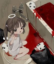 Rule 34 | 1girl, angel, angel wings, bag, barefoot, bathtub, between legs, black eyes, blood, blood on clothes, blood on face, blood on feet, blood on hands, blouse, bow, brown hair, child, commentary, detached wings, disembodied hand, from above, full body, hair bow, halo, hand between legs, hand up, highres, indoors, ishida umi, looking at viewer, looking up, mini wings, no pants, on floor, open mouth, original, oversized clothes, oversized shirt, plastic bag, pool of blood, rabbit, shirt, short sleeves, sitting, solo, symbol-only commentary, t-shirt, trash bag, twintails, v, wariza, white shirt, wings