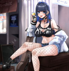 Rule 34 | 1girl, absurdres, aidoruhakase, alternate costume, belt, black belt, black choker, black footwear, black nails, black shirt, blue eyes, blue hair, blue shorts, breasts, can, choker, cleavage, clothes writing, colored inner hair, ear piercing, fishnet pantyhose, fishnets, forked tongue, guitar case, highres, holding, holding can, hololive, hololive english, instrument case, jacket, large breasts, looking at viewer, mask, mouth mask, multicolored hair, nail polish, ouro kronii, pantyhose, piercing, shirt, shoes, short shorts, shorts, spiked choker, spikes, tongue, tongue out, torn clothes, torn pantyhose, torn shirt, virtual youtuber, white jacket