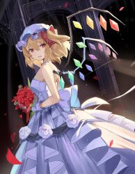 Rule 34 | 1girl, arch, bare shoulders, blonde hair, bouquet, bow, choker, commentary, cowboy shot, dress, dutch angle, falken (yutozin), flandre scarlet, flower, gloves, hat, highres, looking at viewer, looking to the side, mob cap, one side up, open mouth, petals, photoshop (medium), red eyes, red flower, revision, solo, strapless, strapless dress, touhou, waist bow, wedding dress, white choker, white dress, white gloves, white hat, wings