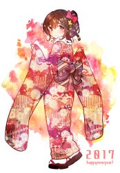 Rule 34 | 1girl, 2017, black bow, black footwear, blush, bow, braid, brown eyes, brown hair, closed mouth, commentary request, full body, hair between eyes, hair bow, happy new year, ichihaya, japanese clothes, kimono, long sleeves, looking at viewer, looking back, new year, original, print kimono, purple bow, red kimono, sandals, smile, socks, solo, standing, tabi, unmoving pattern, white socks, wide sleeves, zouri