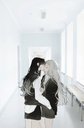Rule 34 | 2girls, bare legs, black hair, black skirt, black sweater vest, blurry, blurry background, cowboy shot, eriol s2, closed eyes, from side, gradient hair, grey hair, grey skirt, half updo, hallway, hand on another&#039;s arm, hand on another&#039;s waist, highres, kiss, long hair, long sleeves, multicolored hair, multiple girls, original, photo background, profile, school uniform, shirt, skirt, sleeves past wrists, sweater vest, white shirt, yuri