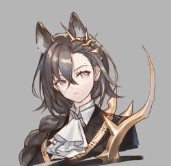 Rule 34 | 1girl, animal ear fluff, animal ears, arknights, black hair, black jacket, braid, brown eyes, closed mouth, collared shirt, commentary request, cropped torso, grey background, hair between eyes, hair over shoulder, highres, jacket, lalihop, long hair, mole above eye, penance (arknights), shirt, simple background, solo, upper body, white shirt