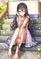 Rule 34 | 1girl, brown hair, copyright name, dress, floral print, looking at viewer, official art, outdoors, pink dress, pink eyes, sid story, sila (carpen), sitting, smile, solo, stairs, sunlight