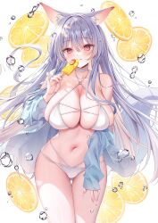 Rule 34 | 1girl, animal ear fluff, animal ears, bare shoulders, bikini, blush, braid, breasts, choker, cleavage, closed mouth, collarbone, cowboy shot, criss-cross halter, food, food in mouth, fox ears, fox girl, fox tail, fruit, hair between eyes, halterneck, highres, holding, large breasts, light purple hair, long hair, long sleeves, looking at viewer, mouth hold, navel, off shoulder, orange (fruit), orange slice, original, red eyes, side braid, skindentation, sleeves past wrists, smile, solo, stomach, swimsuit, tail, thighs, very long hair, water drop, white background, white bikini, white choker, yatanukikey