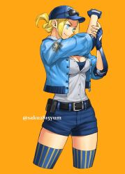 Rule 34 | 1girl, artist name, belt, blonde hair, blue eyes, breasts, capcom, cleavage, final fight, final fight 3, fingerless gloves, gloves, hat, highres, large breasts, lucia morgan, police, police uniform, policewoman, ponytail, shiny skin, shorts, smile, street fighter, street fighter v, striped clothes, striped thighhighs, sunglasses, thighhighs, thighs, tombsakura, uniform
