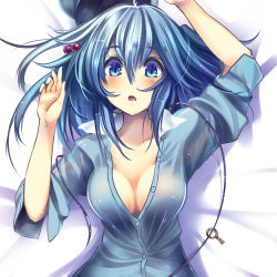 Rule 34 | 1girl, blue eyes, blue hair, blush, breasts, cleavage, hair bobbles, hair ornament, hat, kawashiro nitori, key, lying, matching hair/eyes, monikano, on back, open mouth, short hair, solo, touhou, twintails, two side up
