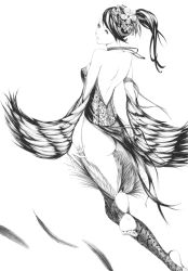 Rule 34 | 1girl, ass, bare shoulders, barefoot, feathers, female focus, flower, from behind, greyscale, hair flower, hair ornament, jewelry, long hair, looking back, monochrome, necklace, open mouth, ponytail, solo, sousou (sousouworks), thighhighs, white background, wings