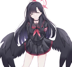 Rule 34 | 1girl, absurdres, arms behind back, black collar, black hair, black serafuku, black wings, blue archive, closed eyes, collar, feathered wings, feet out of frame, halo, highres, ichika (blue archive), l ski9, long hair, necktie, pleated skirt, red halo, red necktie, school uniform, serafuku, simple background, skirt, solo, straight hair, very long hair, white background, wings