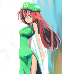 Rule 34 | 1girl, bad anatomy, blue eyes, bow, braid, breasts, china dress, chinese clothes, dress, female focus, hair bow, hat, hong meiling, long hair, narrow waist, red hair, side slit, sleeveless, smile, solo, star (symbol), tatwuku, touhou