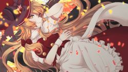 Rule 34 | 1girl, absurdres, apron, arm behind head, back bow, bakarayuu, blonde hair, bow, burnt clothes, closed mouth, commentary, cowboy shot, dress, dutch angle, embers, expressionless, frilled apron, frills, hair bow, hat, hat bow, highres, kirisame marisa, kirisame marisa (witch of scarlet dreams), long hair, looking at viewer, puffy short sleeves, puffy sleeves, red bow, red dress, red hat, shirt, short sleeves, solo, spoilers, star (symbol), touhou, touhou lostword, white apron, white shirt, witch hat, wrist cuffs, yellow eyes