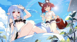 Rule 34 | 2girls, :d, ahoge, animal ear fluff, animal ears, arm up, belt, belt buckle, bikini, bikini under clothes, black belt, black bikini, blue hair, blue shorts, blue sky, breasts, brown eyes, brown hair, buckle, cloud, commentary request, day, fang, food in mouth, fox ears, fox girl, fox tail, front-tie top, fur-trimmed shorts, fur trim, highres, hose, long hair, multiple girls, navel, off shoulder, open mouth, original, outdoors, plant, pointy ears, red eyes, saru, scarf, shirt, short hair, short shorts, short sleeves, shorts, sitting, sky, small breasts, smile, standing, swimsuit, tail, tied shirt, twintails, twitter username, very long hair, wading pool, water, white bikini, white shirt
