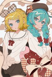 Rule 34 | 2girls, :o, alternate costume, alternate hairstyle, aqua eyes, aqua hair, bear hair ornament, beret, black headwear, black skirt, blonde hair, bow, bowtie, closed mouth, commentary, frilled sailor collar, frills, hair between eyes, hair bow, hair ornament, hairclip, hassan (sink916), hat, hatsune miku, heart, heart hair, highres, kagamine rin, multiple girls, open mouth, patterned background, plaid, plaid bow, plaid skirt, pleated skirt, polka dot, polka dot skirt, red bow, red bowtie, red skirt, sailor collar, shirt, sidelocks, skirt, smile, swept bangs, symbol-only commentary, vocaloid, white background, white bow, white sailor collar, white shirt