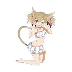 Rule 34 | 10s, 1girl, animal ears, barefoot, bikini, brown eyes, brown hair, cat ears, collarbone, feet, frilled bikini, frills, full body, groin, hair ribbon, highres, long hair, navel, official art, one eye closed, open mouth, paw pose, red ribbon, ribbon, silica, silica (sao-alo), simple background, solo, swimsuit, sword art online, sword art online: code register, thighs, white background, white bikini