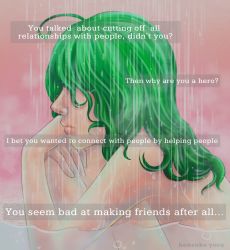 Rule 34 | 1girl, bare shoulders, bath, bathroom, commentary, english commentary, english text, eyelashes, green hair, hair over eyes, highres, kensuke yura, lips, nude, one-punch man, partially submerged, pink background, showering, solo, steam, tatsumaki, wet, wet hair