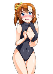 Rule 34 | 10s, 1girl, absurdres, bare shoulders, blue eyes, blush, bow, breasts, brown hair, cleavage, cleavage cutout, clothing cutout, covered navel, cowboy shot, front zipper swimsuit, highres, kosaka honoka, looking at viewer, love live!, love live! school idol project, meme attire, one-piece swimsuit, open mouth, short hair, side ponytail, simple background, solo, swimsuit, tjk, wavy mouth, yellow bow, yopparai oni