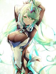 Rule 34 | 1girl, armpits, arms behind head, black bodysuit, bodysuit, breasts, closed mouth, commentary, covered navel, green eyes, green hair, headpiece, highres, large breasts, long hair, looking at viewer, pneuma (xenoblade), ponytail, simple background, smile, solo, swept bangs, ui frara, very long hair, white background, xenoblade chronicles (series), xenoblade chronicles 2