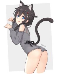Rule 34 | 1girl, ahoge, alternate costume, animal ears, ass, black hair, blue eyes, braid, cat day, cat ears, cat tail, cowboy shot, dan (kumadan), frilled leotard, frills, grey background, grey leotard, hair flaps, hair ornament, hair over shoulder, highres, kantai collection, leaning forward, leotard, looking at viewer, shigure (kancolle), single braid, smile, solo, tail, two-tone background