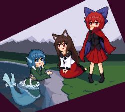 Rule 34 | animal ears, black footwear, black shirt, blue bow, blue cape, blue eyes, blue hair, blue sash, boots, bow, brooch, brown hair, cape, cloak, covered mouth, dress, drill hair, drill sidelocks, fds ty, fins, frilled kimono, frills, green kimono, hair bow, head fins, imaizumi kagerou, japanese clothes, jewelry, kimono, lake, long hair, long sleeves, medium hair, mermaid, misty lake, monster girl, obi, outdoors, partially submerged, pixel art, pleated skirt, purple sash, red cape, red cloak, red dress, red eyes, red hair, red skirt, sash, sekibanki, shirt, short hair, sidelocks, skirt, tail, touhou, two-tone cape, very long hair, wakasagihime, white dress, wolf ears, wolf girl, wolf tail