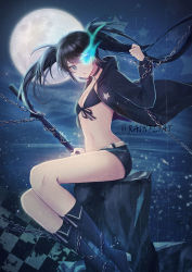 Rule 34 | 1girl, 723/nanahumi, asymmetrical hair, bad id, bad pixiv id, bikini, bikini top only, black bikini, black footwear, black hair, black jacket, black rock shooter, black rock shooter (character), black shorts, blue eyes, breasts, chain, cleavage, flaming eyes, floating hair, front-tie bikini top, front-tie top, full moon, hair between eyes, highres, holding, holding sheath, jacket, long hair, moon, night, open clothes, open jacket, outdoors, parted lips, print jacket, rain, sheath, short shorts, shorts, sitting, small breasts, solo, star (symbol), star print, swimsuit, sword, twintails, very long hair, weapon